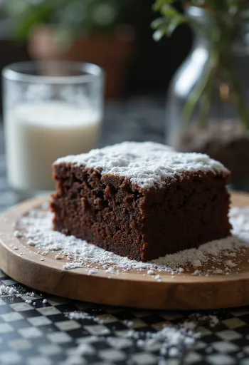 Gâteau moelleux au cacao coupé en tranches, saupoudré de sucre glace