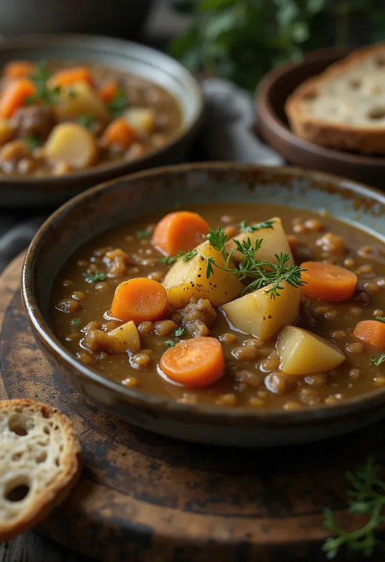 Soupe de lentilles aux légumes servie avec du pain frais.