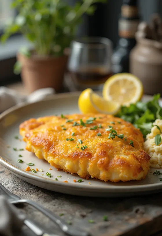 Escalope à la parisienne dorée, servie dans sa panure croustillante