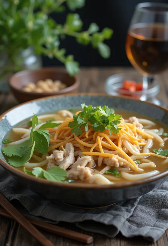 Pho Ga servi avec nouilles de riz, herbes fraîches et tranches de citron vert