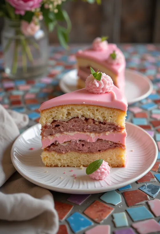 Gâteau Punch nappé de glaçage rose décoré de bandes de chocolat et servi avec des fruits confits.