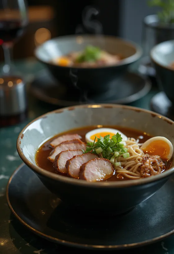 Bol de ramen au canard rôti, avec nouilles et garnitures
