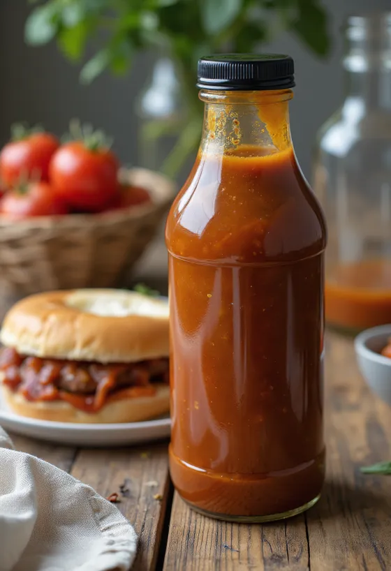Sauce barbecue à la tomate et à la bière dans un bol, à côté de viandes grillées.