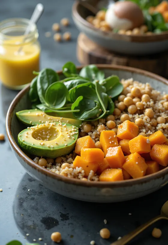 Buddha bowl au quinoa et courge rôtie avec légumes frais