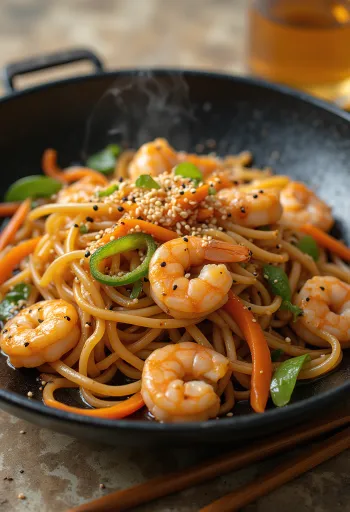 Yakisoba aux crevettes, mélange délicieux de nouilles et de légumes avec des crevettes et des graines de sésame