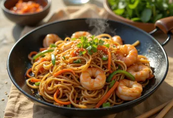 Yakisoba aux crevettes, mélange délicieux de nouilles et de légumes avec des crevettes et des graines de sésame