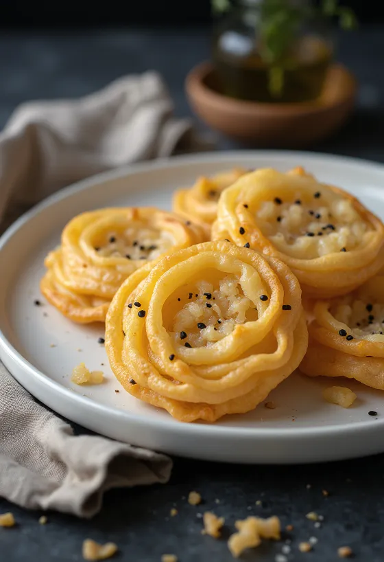 Boules Achappam à la noix de coco fraîchement frites, dorées, disposées dans un bol.