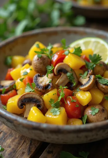 Ackee et champignons, un plat appétissant servi avec de la coriandre fraîche et des tranches de citron vert