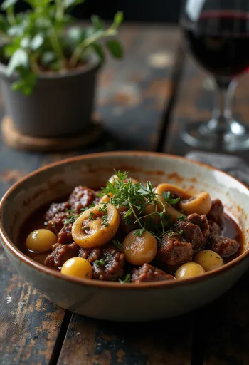 Bœuf Bourguignon servi avec purée de pommes de terre