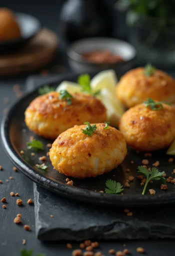 Variante au tofu du Bolinho de bacalhau, boulettes dorées et frites.