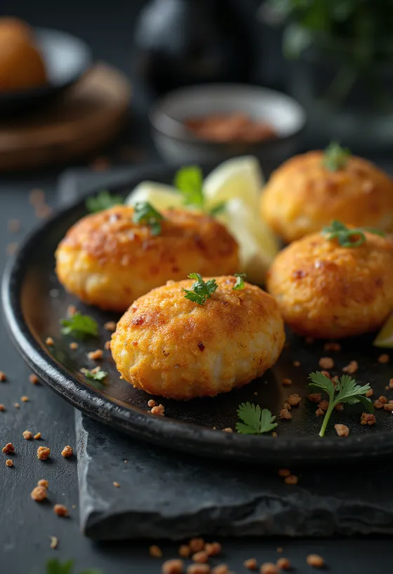 Variante au tofu du Bolinho de bacalhau, boulettes dorées et frites.