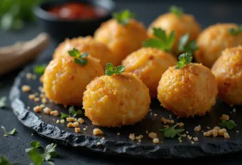 Variante au tofu du Bolinho de bacalhau, boulettes dorées et frites.