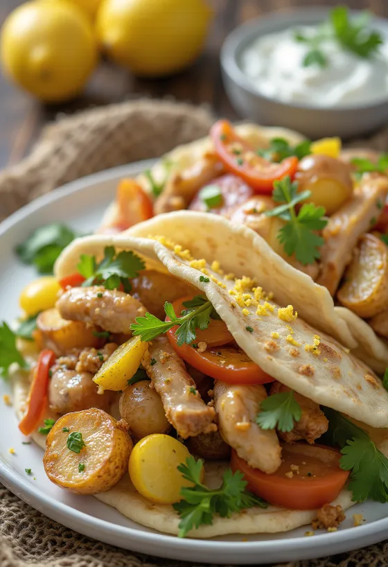 Plat de gyros citron-origan avec poulet rôti, frites, salade fraîche et tzatziki au citron