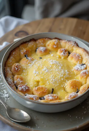 Clafoutis à la vanille frais et doré, servi