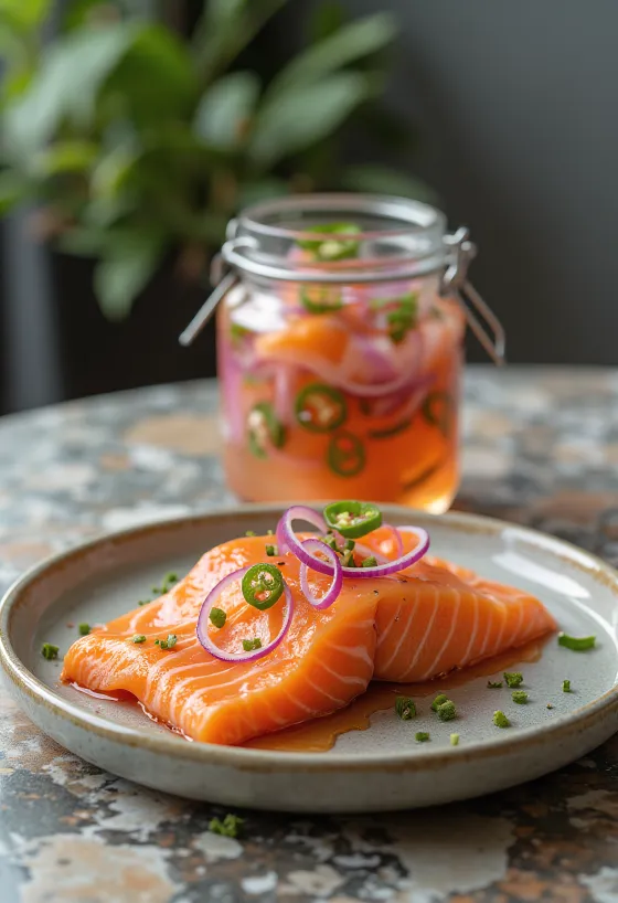 Saumon mariné piquant au vinaigre en bocal