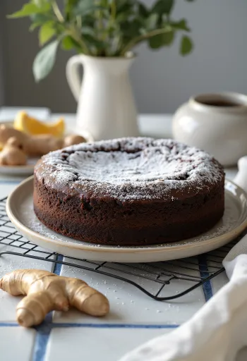 Gâteau chocolat-gingembre sombre servi avec sucre glace