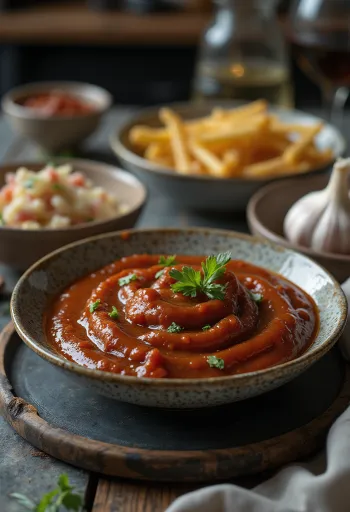 Sauce barbecue à l'ail fumé servie avec des travers de porc