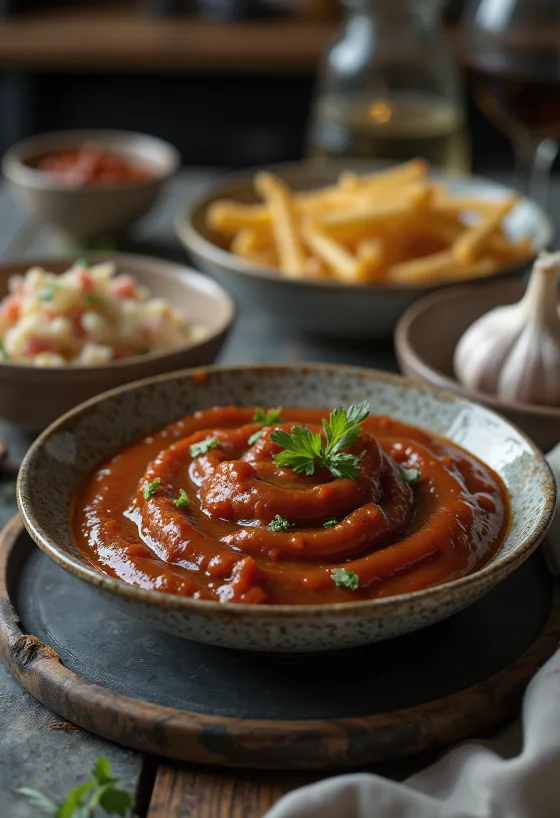 Sauce barbecue à l'ail fumé servie avec des travers de porc