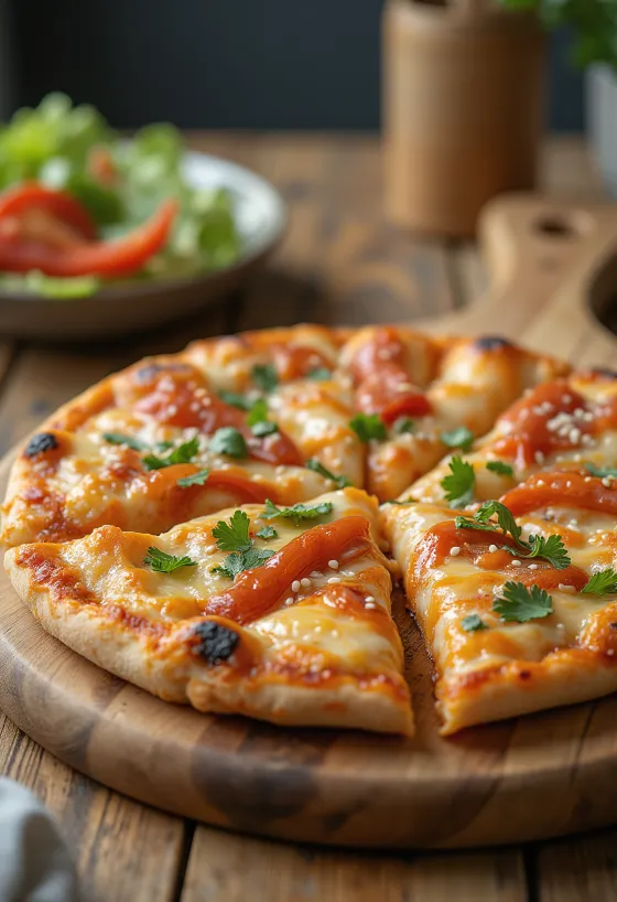 Pizza au kimchi avec fromage, coriandre et sésame, pâte dorée au four