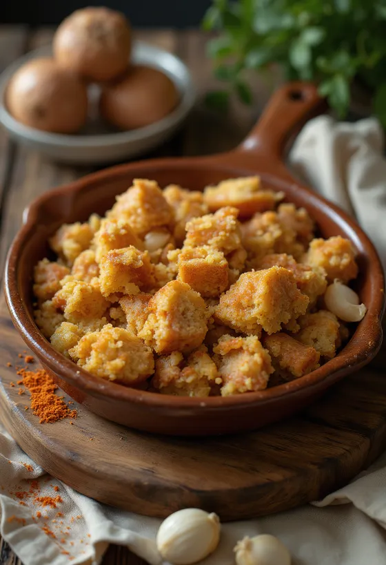 Migas au porc servi avec des croûtons de pain, de l'ail et de la viande dorée