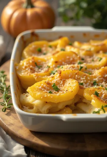 Gratin de pommes de terre au potimarron servi