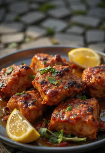 Chèvre Tandoori servie avec du pain naan et de la coriandre fraîche.