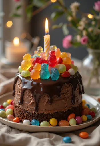 Gâteau au chocolat recouvert d'une multitude de bonbons colorés