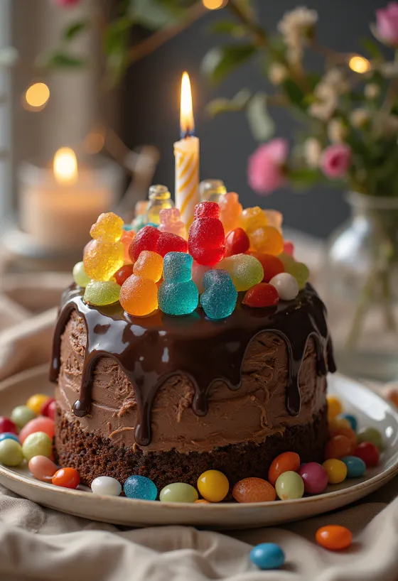 Gâteau au chocolat recouvert d'une multitude de bonbons colorés