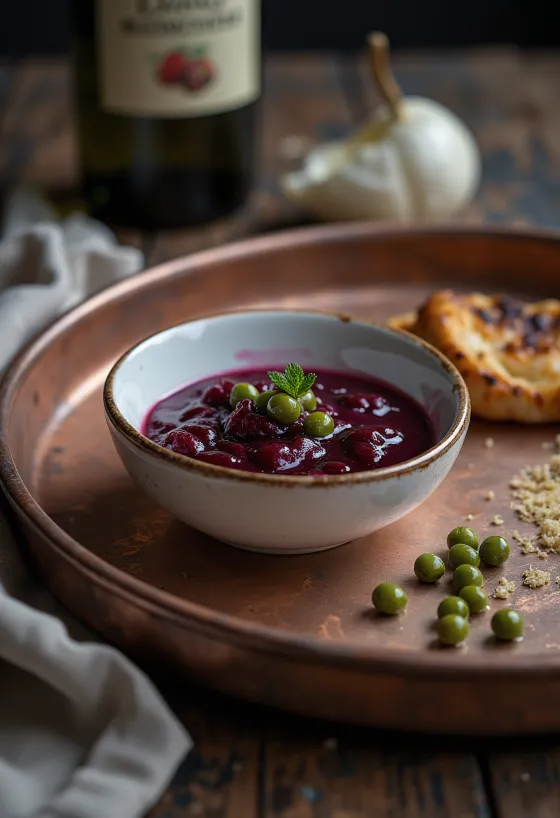 Sauce au vin rouge, câpres et curry en pot, servie avec des plats rôtis