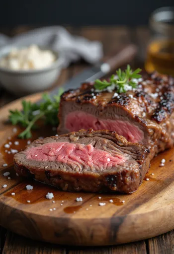Picanha, tranches de bœuf brésilien grillé avec pommes de terre rôties et sauce chimichurri