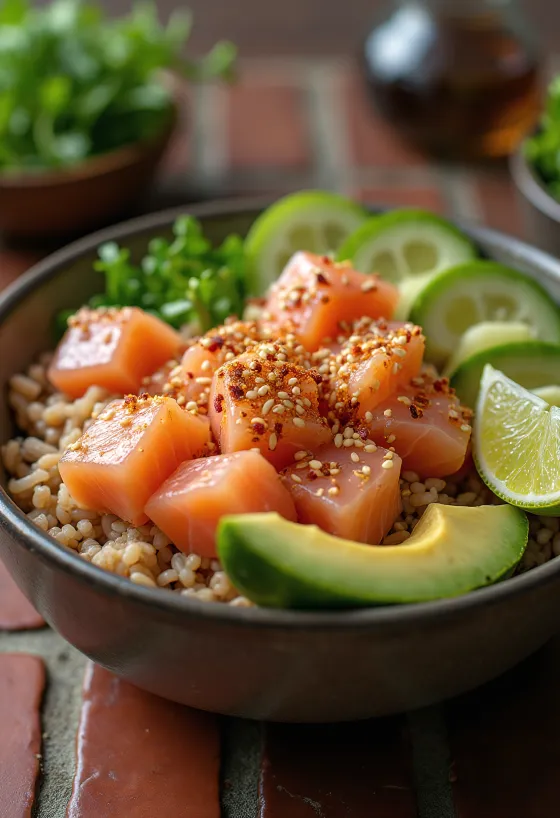 Poké bowl au riz complet, servi avec thon, avocat et coriandre fraîche
