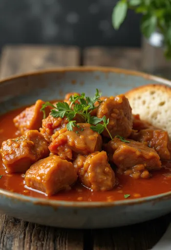 Pörkölt de porc servi avec des pommes de terre et du persil frais