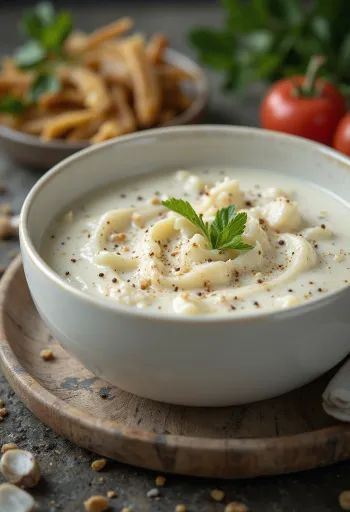 Sauce crémeuse à l'ail et aux épices dans un bol, décorée de persil frais.