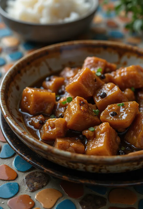 Adobo de porc, servi avec du riz et de la coriandre fraîche