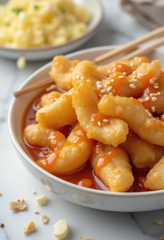 Cakwe servi avec une sauce épicée, parsemé de graines de sésame