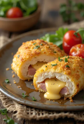Cordon bleu servi avec salade fraîche et pommes de terre rôties