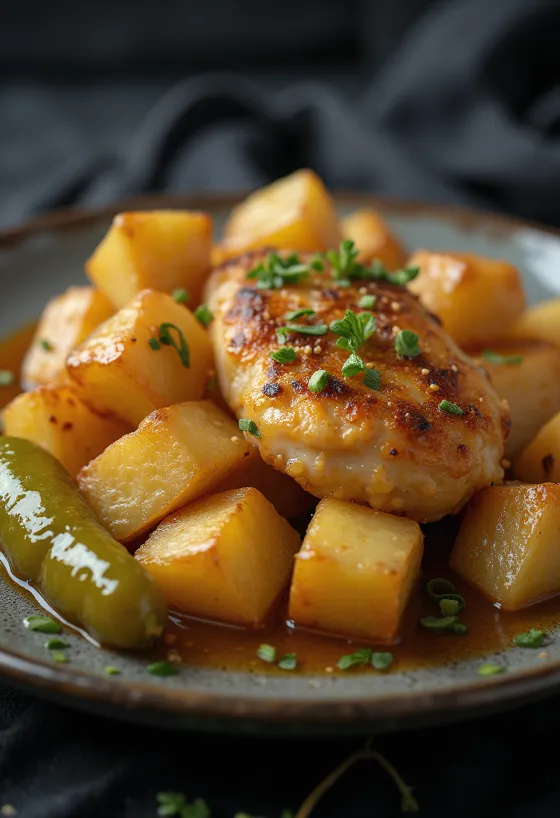 Poulet Brassói avec dés de pommes de terre sautés et persil frais