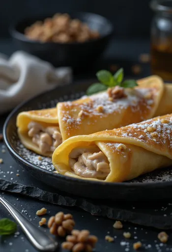 Crêpes aux noix servies avec sauce chocolat