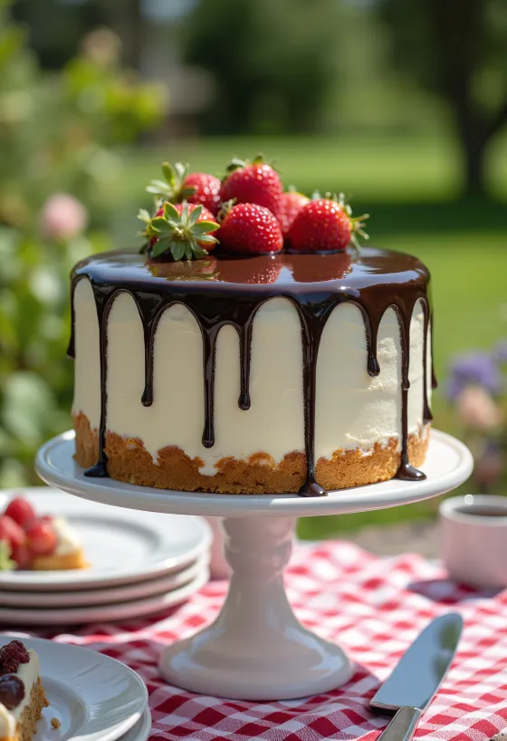 Gâteau haut avec glaçage au chocolat coulant sur les côtés