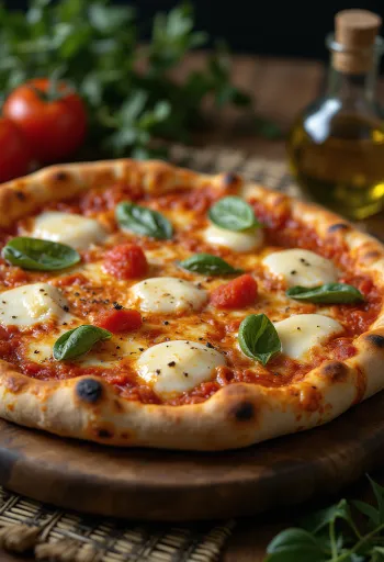 Pizza Margherita à la mozzarella fumée servie