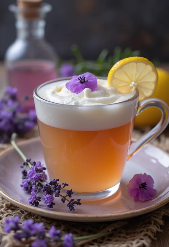 Cidre à la lavande servi dans un verre