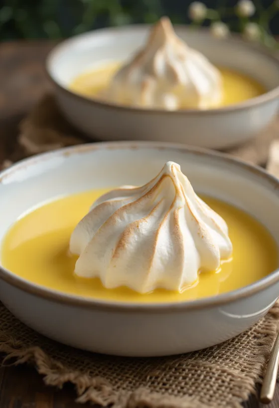 Île flottante servie en verrine, décorée de crème vanille et de blancs d'œufs