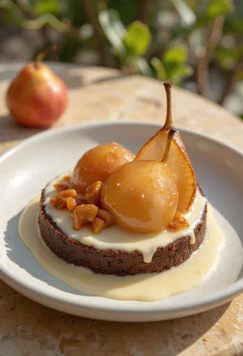 Malva pudding à la poire caramélisée pudding doux et soyeux servi avec des poires caramélisées