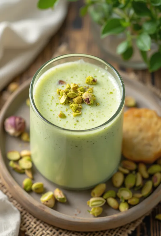 Lassi à la pistache, au yaourt crémeux et citron vert frais, parfumé à l'eau de rose