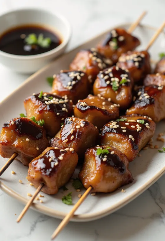 Reba yakitori foies de volaille servis sur brochettes, avec sésame et ciboule