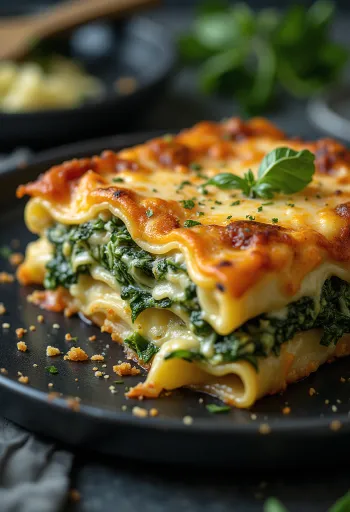 Lasagnes aux épinards étagées, fromage doré sur le dessus