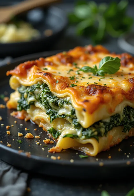 Lasagnes aux épinards étagées, fromage doré sur le dessus