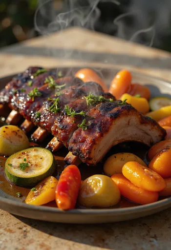 Travers de porc rôtis servis avec légumes vapeur épicés