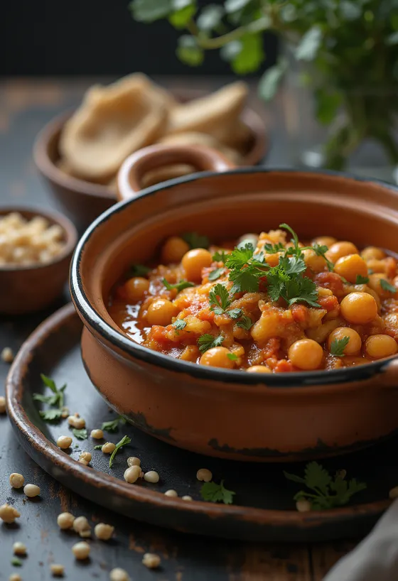 Tajine classique aux pois chiches, servi avec des légumes riches et herbes fraîches