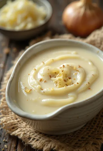 Sauce au beurre blanc crémeuse aux échalotes dans un bol, décorée de thym frais.